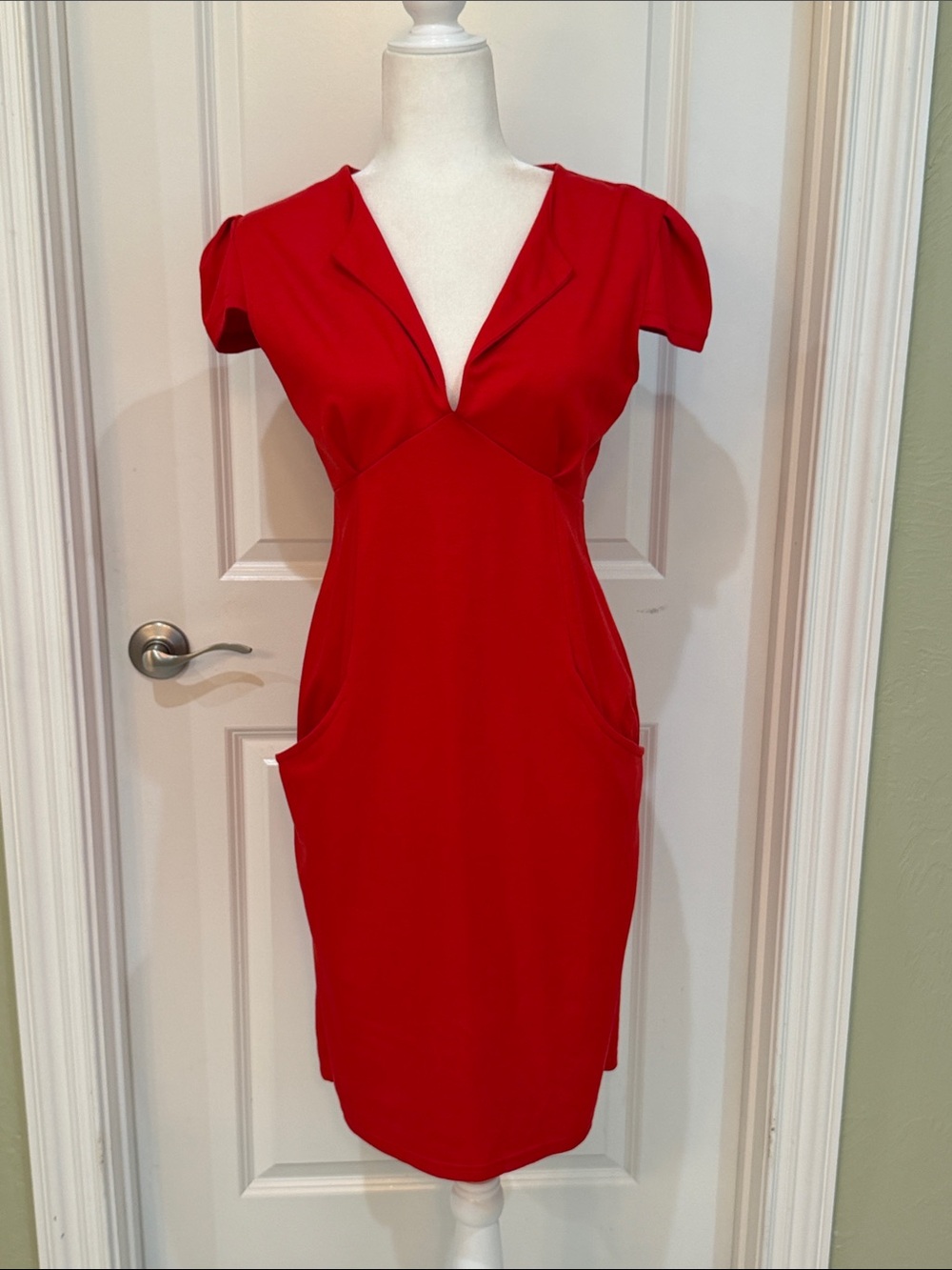 Sexy Red Deep V-Neck Sheath Dress - Women's Pockets